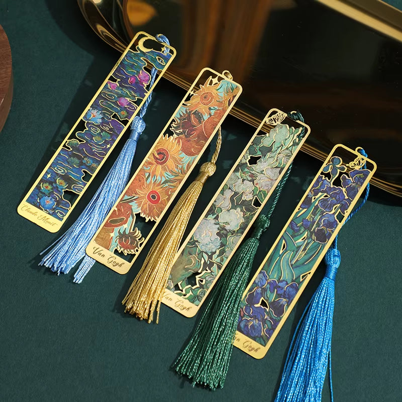 1 Pc Retro Floral Painting Metal Bookmark Hollow Bronzing Bookmark with Tassel Stationery Gifts for Book Club Reader