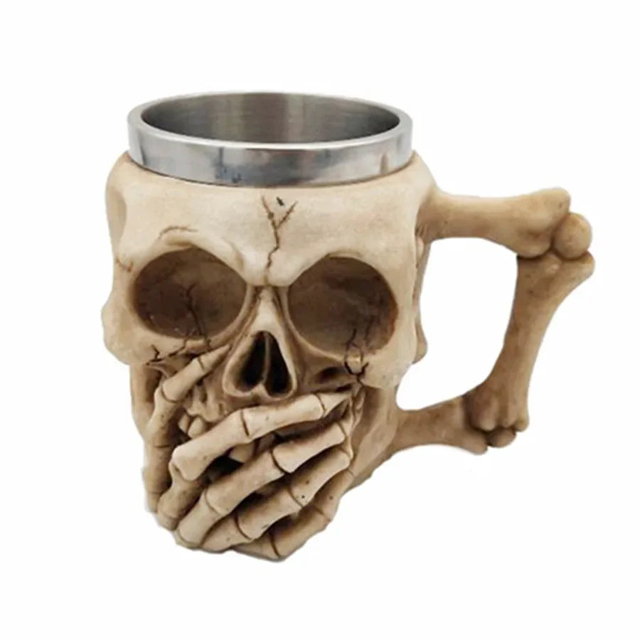Creative 3D Skull Beer Mug Goblet Bowl Resin Stainless Steel Double Layer Coffee Mug Bar Kitchen Decor Cup Halloween Gift