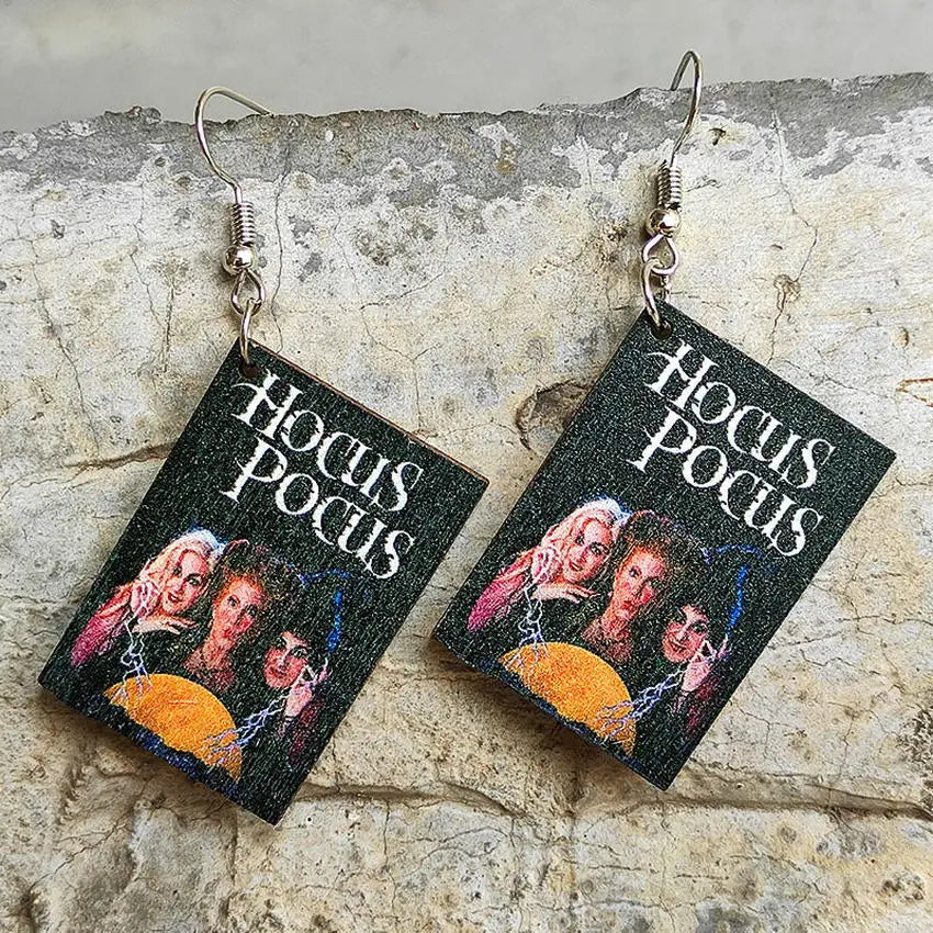 Halloween Horror Fiction Wood Book Cover Earrings for Women 2025 Newest Unique Halloween Jewelry Wholesale