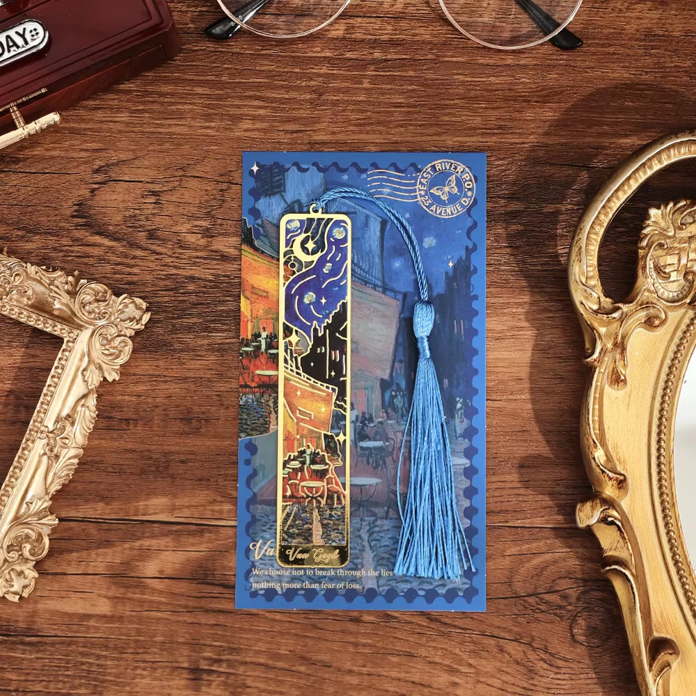 1 Pc Retro Floral Painting Metal Bookmark Hollow Bronzing Bookmark with Tassel Stationery Gifts for Book Club Reader
