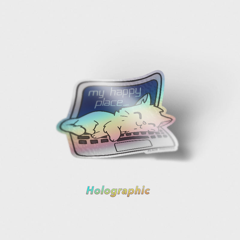 My Happy Place Laptop (Russian White Cat) Holographic Vinyl Sticker-1