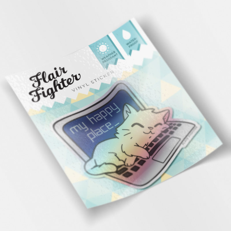 My Happy Place Laptop (Russian White Cat) Holographic Vinyl Sticker-3