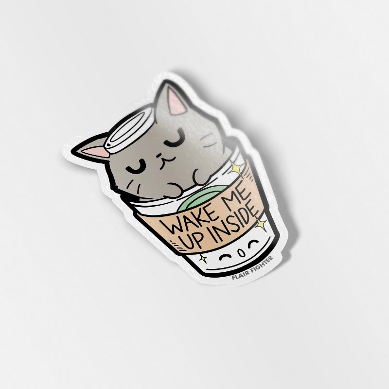 "Wake Me Up Inside" Coffee Cat Vinyl Sticker-0