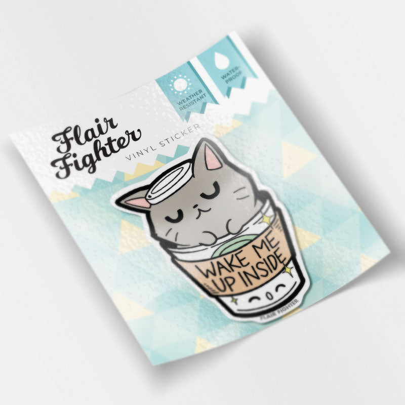"Wake Me Up Inside" Coffee Cat Vinyl Sticker-3