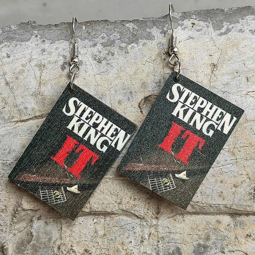 Halloween Horror Fiction Wood Book Cover Earrings for Women 2025 Newest Unique Halloween Jewelry Wholesale