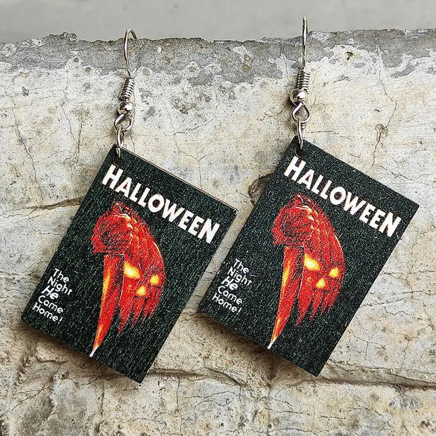 Halloween Horror Fiction Wood Book Cover Earrings for Women 2025 Newest Unique Halloween Jewelry Wholesale