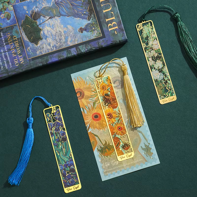 1 Pc Retro Floral Painting Metal Bookmark Hollow Bronzing Bookmark with Tassel Stationery Gifts for Book Club Reader