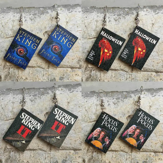Halloween Horror Fiction Wood Book Cover Earrings for Women 2025 Newest Unique Halloween Jewelry Wholesale