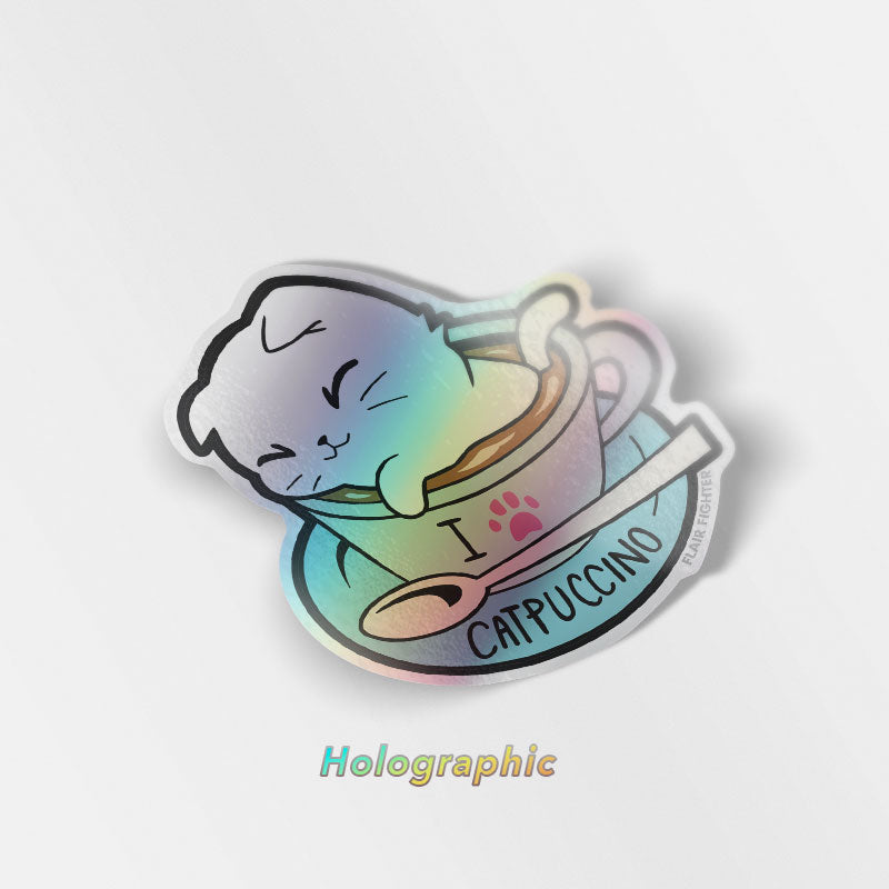 I Love Catpuccino Coffee Cat Holographic Vinyl Sticker-0