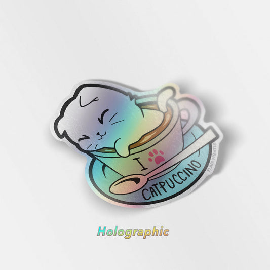 I Love Catpuccino Coffee Cat Holographic Vinyl Sticker-0