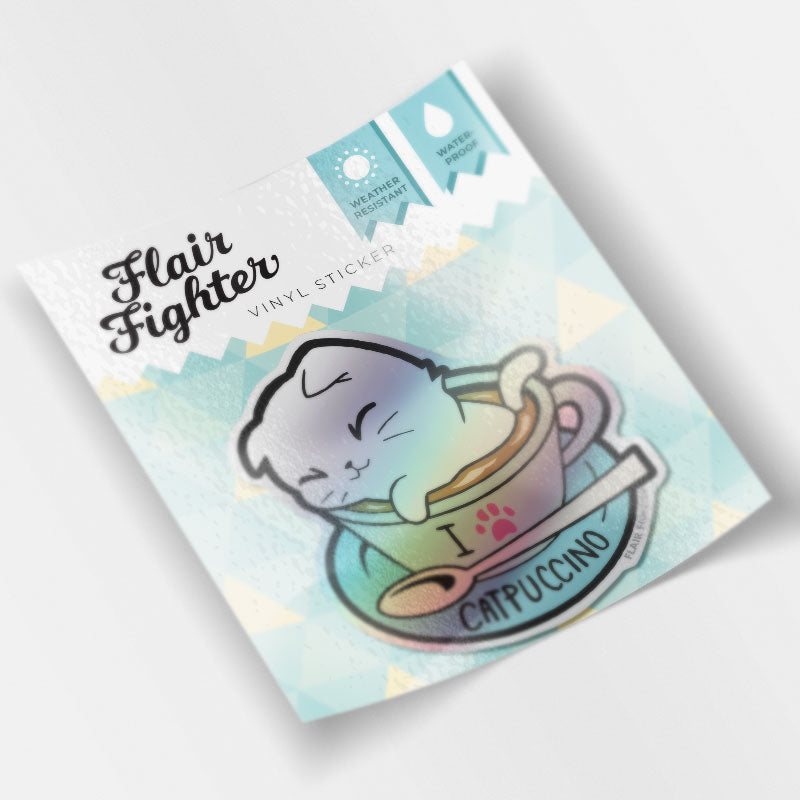 I Love Catpuccino Coffee Cat Holographic Vinyl Sticker-3