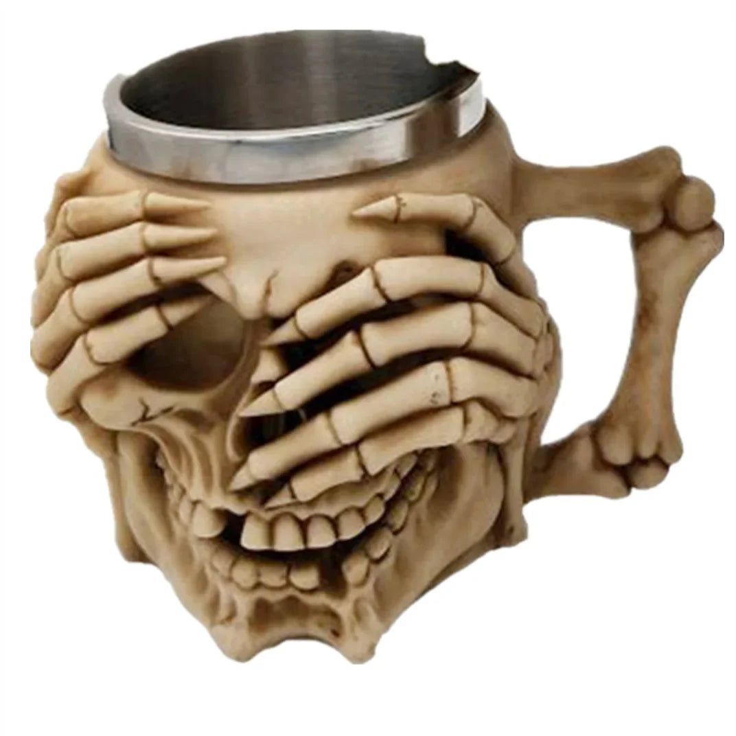 Creative 3D Skull Beer Mug Goblet Bowl Resin Stainless Steel Double Layer Coffee Mug Bar Kitchen Decor Cup Halloween Gift