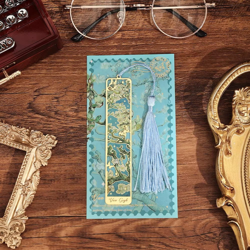 1 Pc Retro Floral Painting Metal Bookmark Hollow Bronzing Bookmark with Tassel Stationery Gifts for Book Club Reader