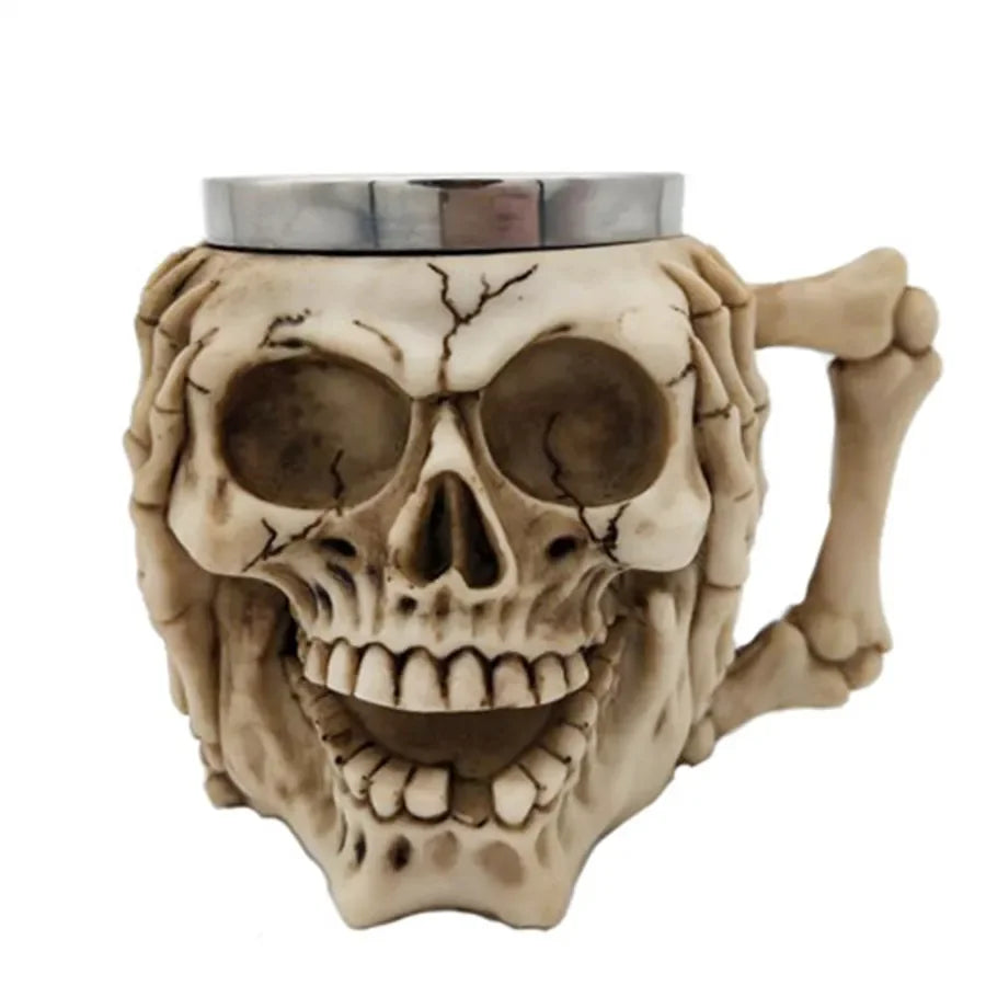 Creative 3D Skull Beer Mug Goblet Bowl Resin Stainless Steel Double Layer Coffee Mug Bar Kitchen Decor Cup Halloween Gift