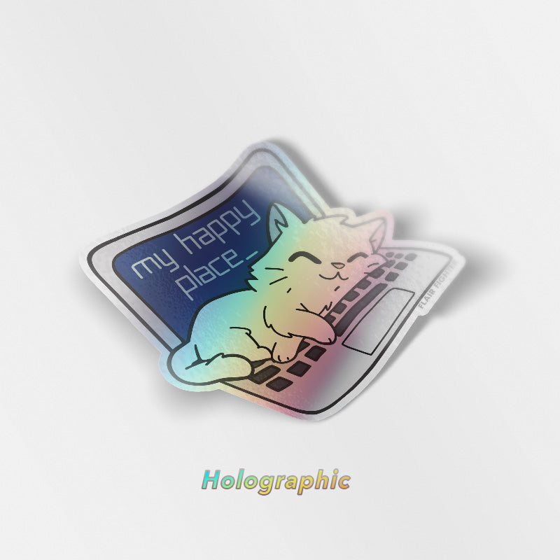 My Happy Place Laptop (Russian White Cat) Holographic Vinyl Sticker-0