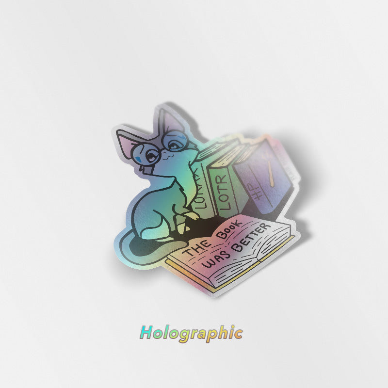 The Book Was Better (Cornish Rex Cat) Holographic Vinyl Sticker-0