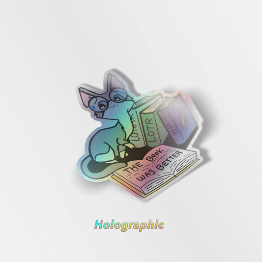 The Book Was Better (Cornish Rex Cat) Holographic Vinyl Sticker-0