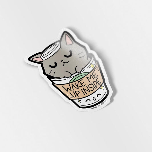 "Wake Me Up Inside" Coffee Cat Vinyl Sticker-0